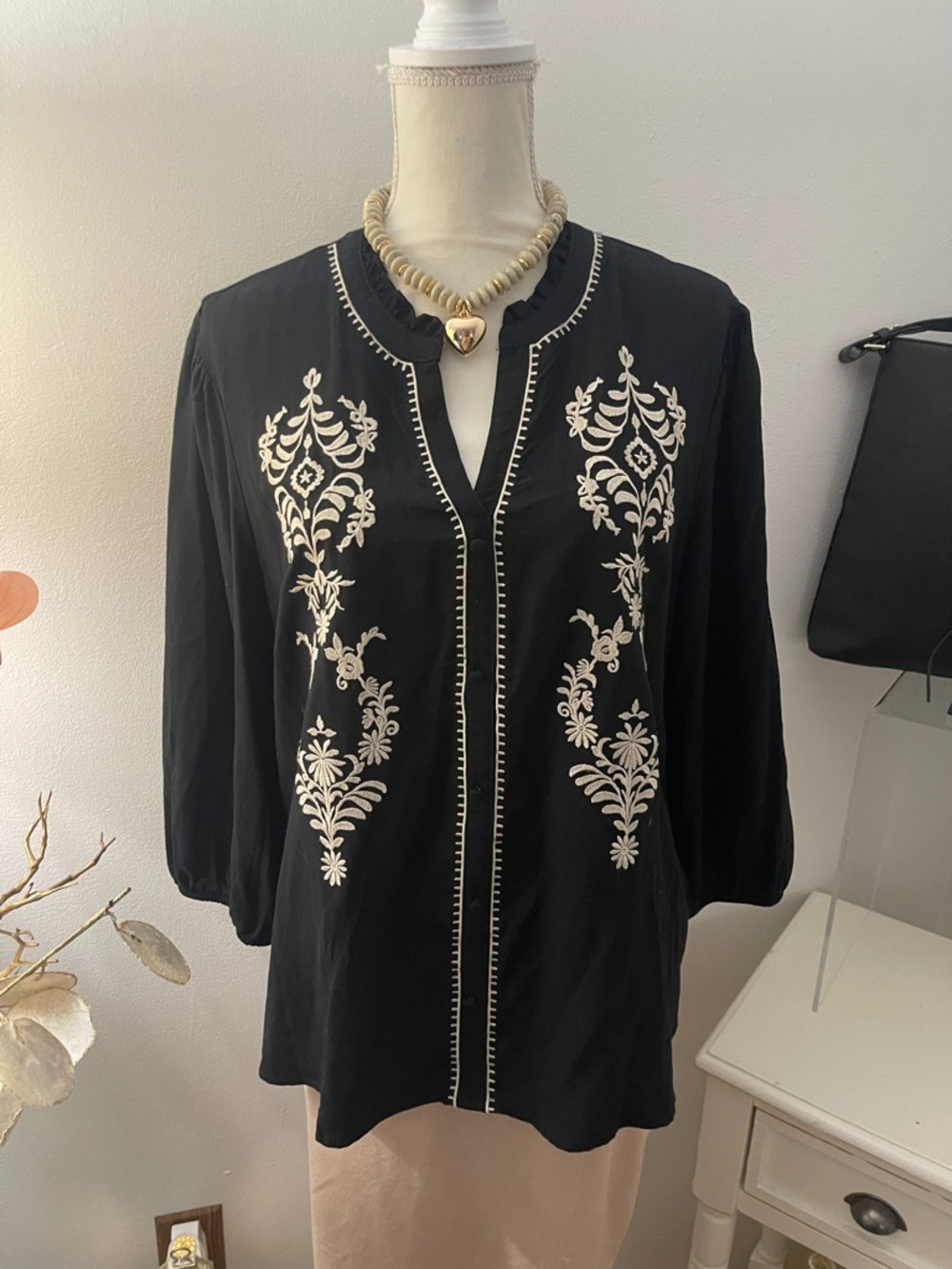 Angels Black Tunic with Cream Floral Embroidery